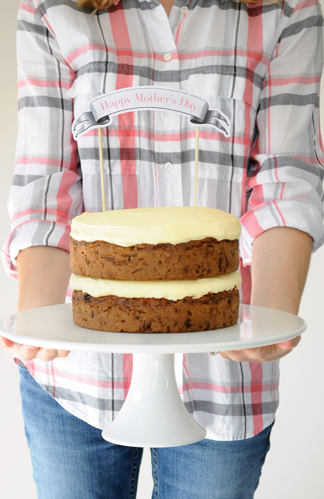 Mothers Day Carrot Cake on stand with Free Printable cake banner by Tumbleweed Press