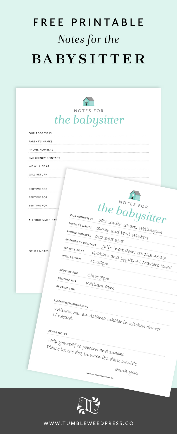 Free Babysitter Notes Printable by TumbleweedPress.Co