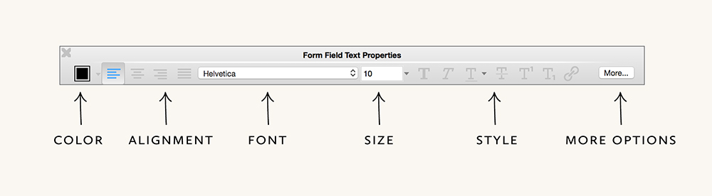 Adobe Reader Form Field Text Properties Panel