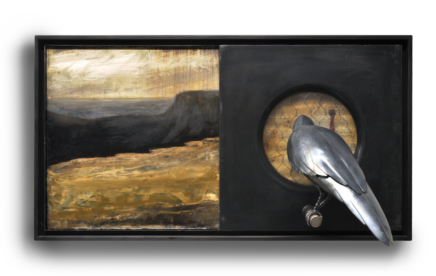  Hand-shaped steel bird, pinhole photograph and oil on panel, printed calendar and dictionary page, acrylic paint, on steel construction  2025  22" x 12" x 10" 