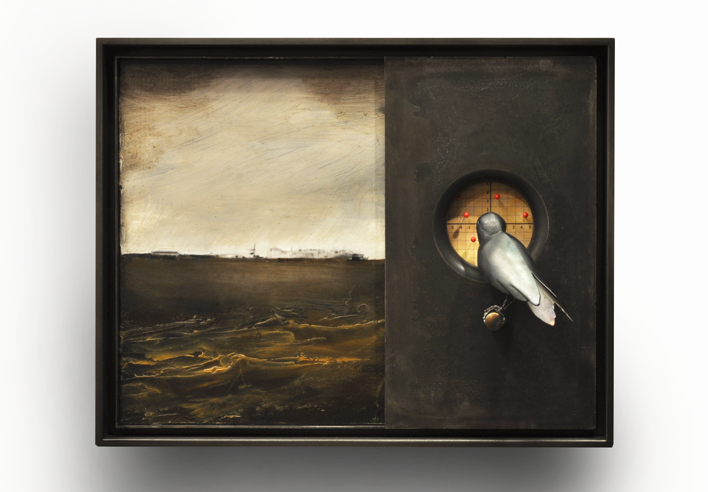  Hand-shaped steel bird, pinhole photograph, and oil on panel, printed cartesian grid and pushpins, on steel construction  2025  15" x 11.75" x 5" 
