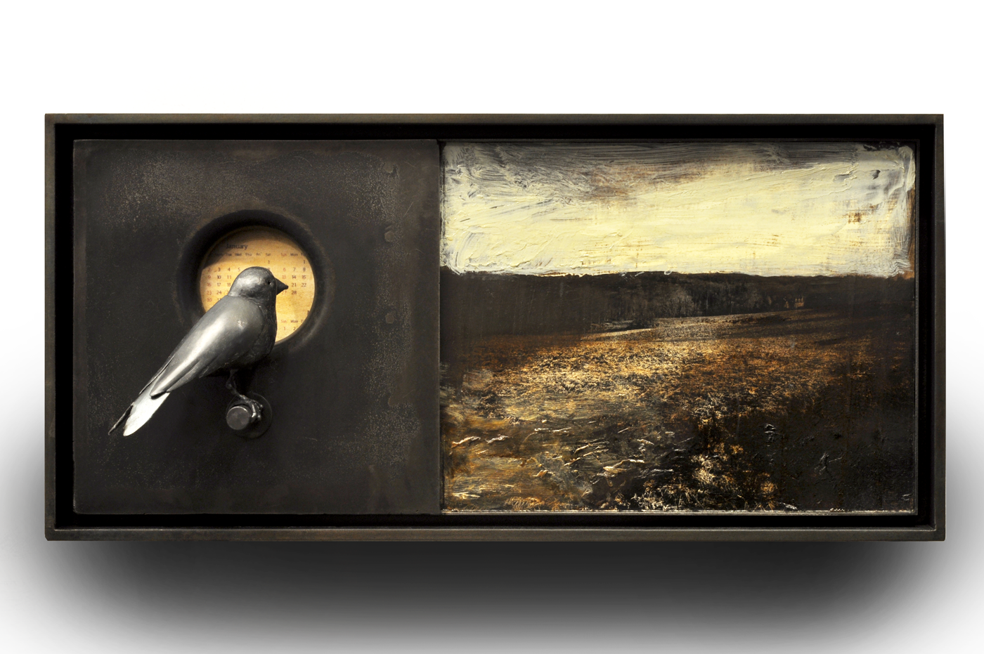  Hand shaped steel bird, pinhole photograph and oil on panel, printed calander, colored pencil, on steel construction  2025  19.25" x 9.25" x 4.5" 