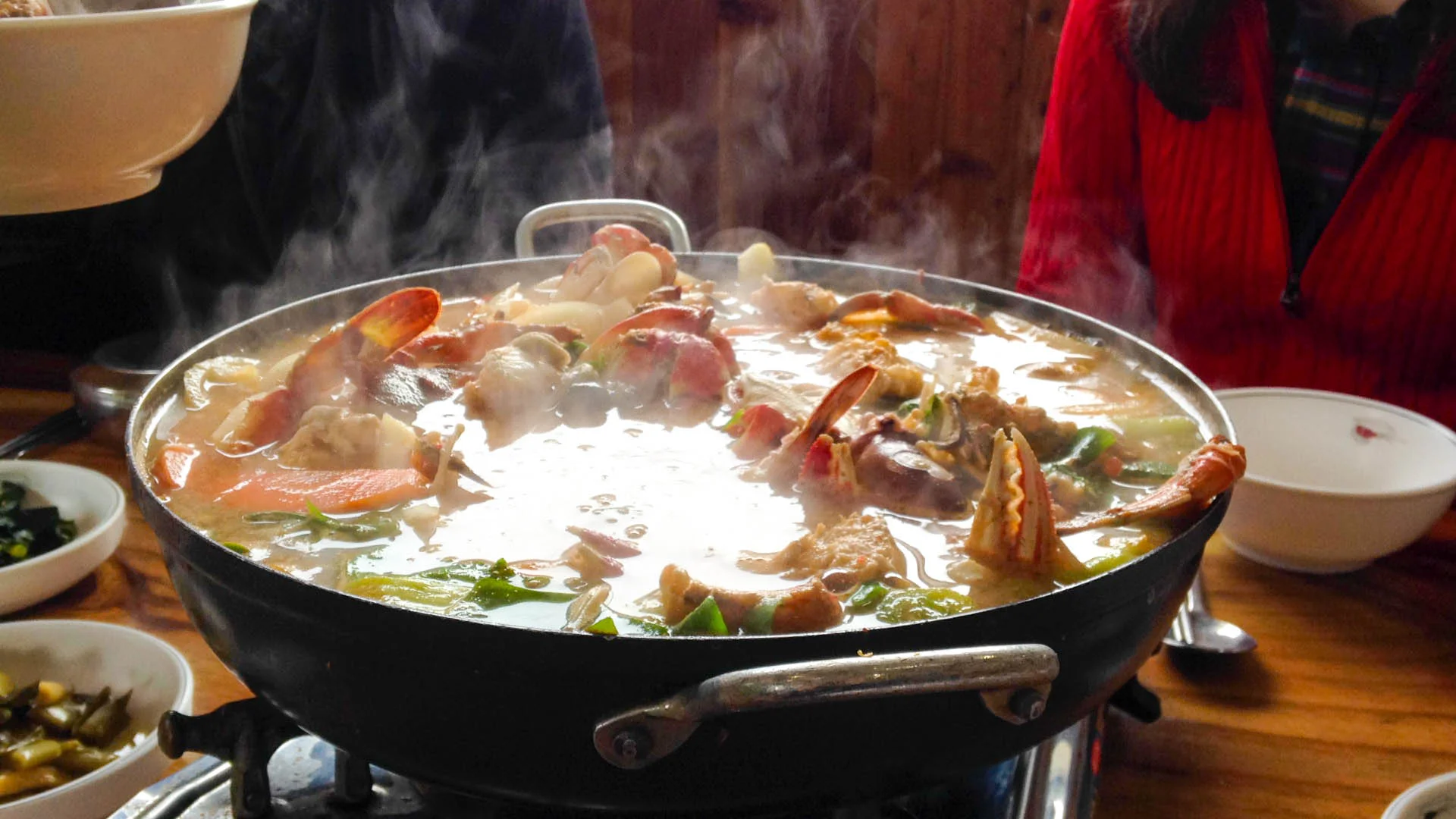 Our wonderful mélange of seafood cooking in hot soup.