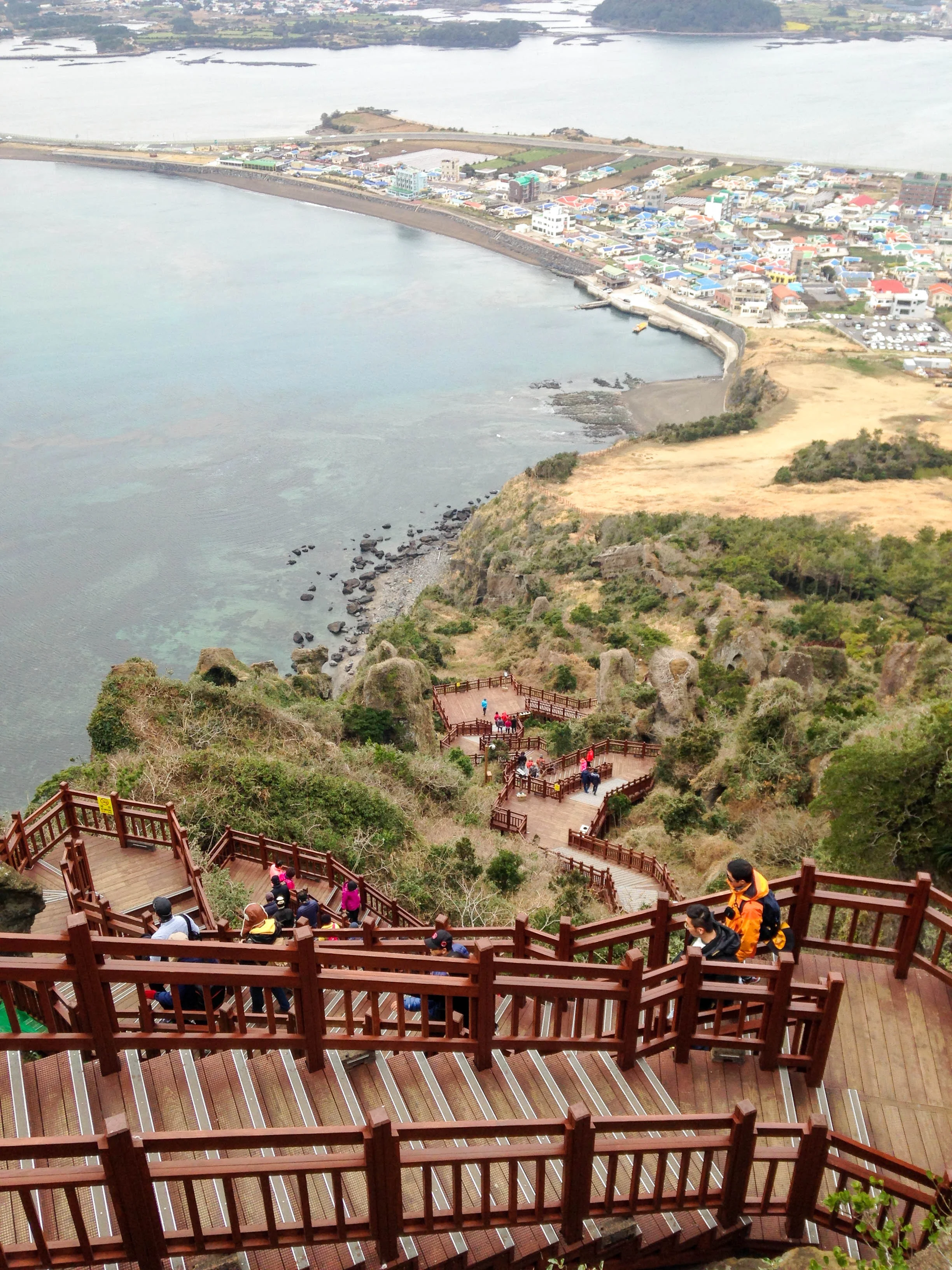 Unlike the steep, narrow rock steps for your ascent, there's a nice wide wood staircase for the walk down.