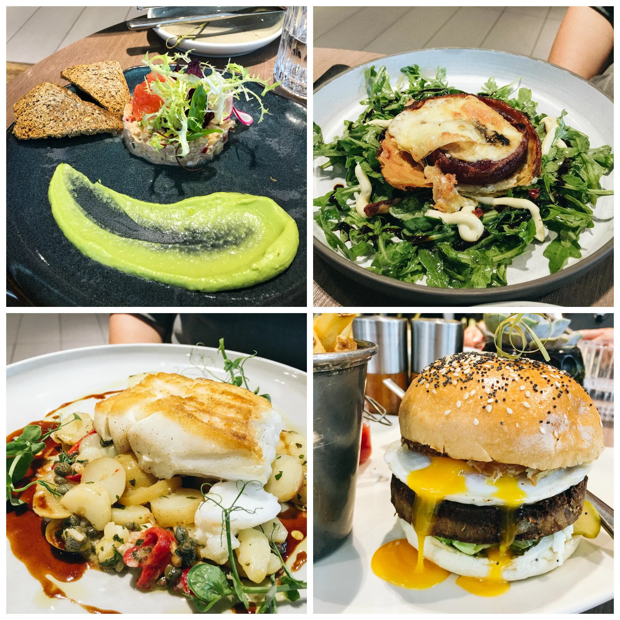 From the top left: Dorset Crab Salad, Red Onion Tarte Tatin, Duck Confit Burger (no cheese), and the Peterhead Cod. Not pictured: Sweet Potato Gnocchi