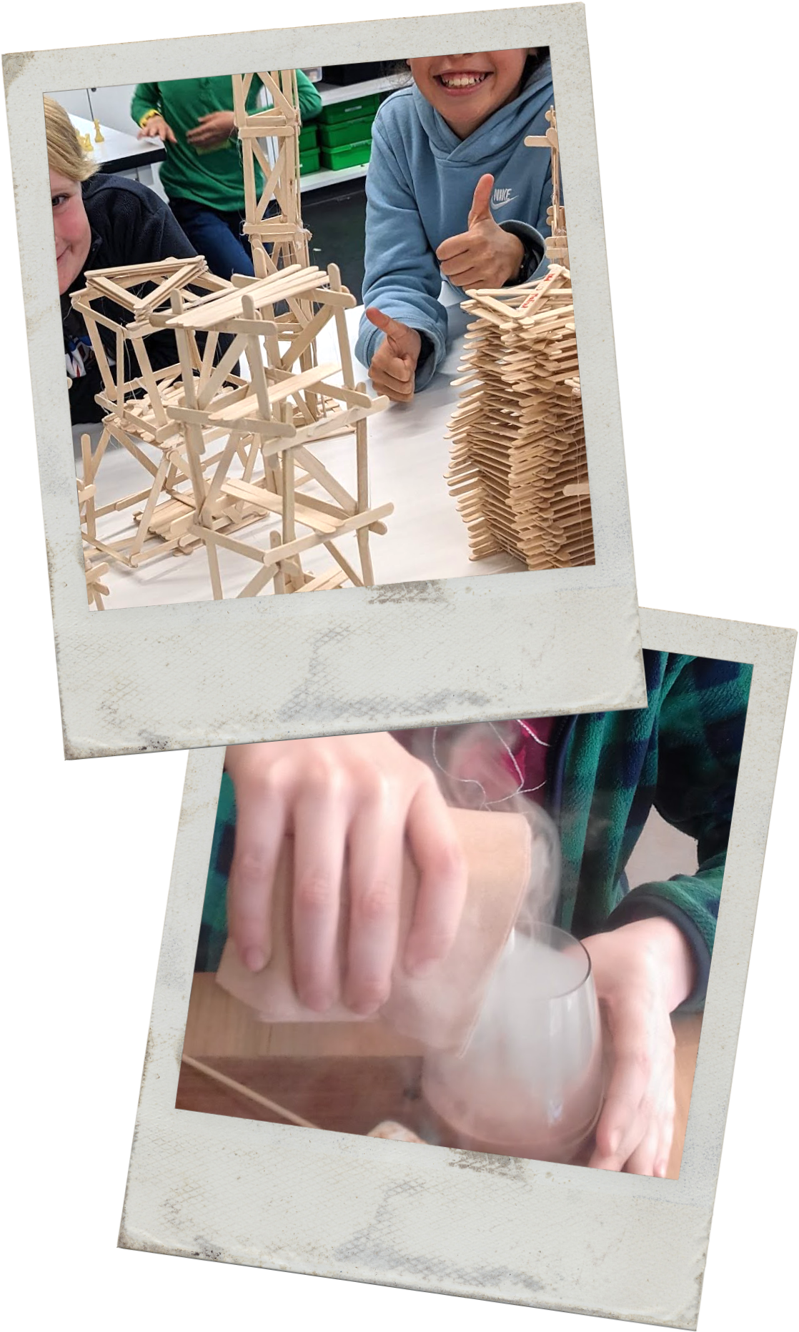 Students building structures with wooden sticks and popsicle sticks, and one student pouring smoke into a glass for a science experiment.