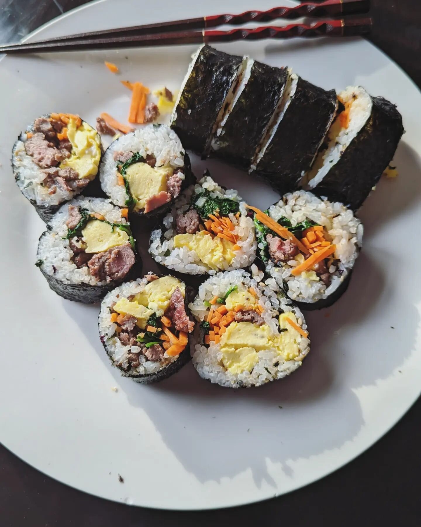 Looking for something just a bit different to make with ground beef or steak? Try kimbap/gimbap (Korean &quot;sushi&quot; rolls)! 

You can customize however you want! We like using nori, rice, eggs, ground beef or steak, and veggies like carrot, pic