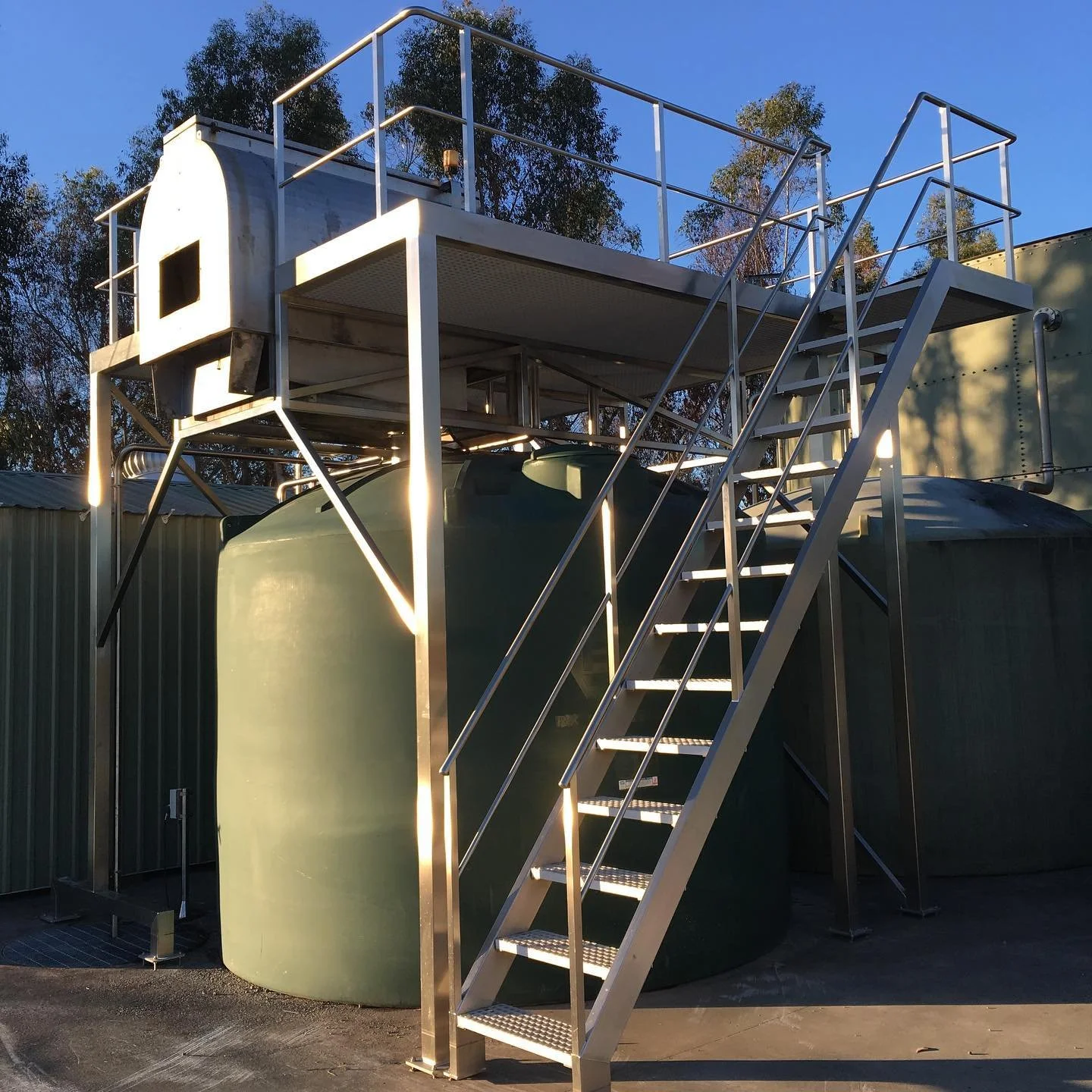 Safety &amp; access upgrade to the wastewater plant. New tank, with full stainless platform and stairs. Contrasheer sitting on top. (A contrasheer separates solids from liquid) 
#fabrication 
#stainlesssteel 
#marlborough