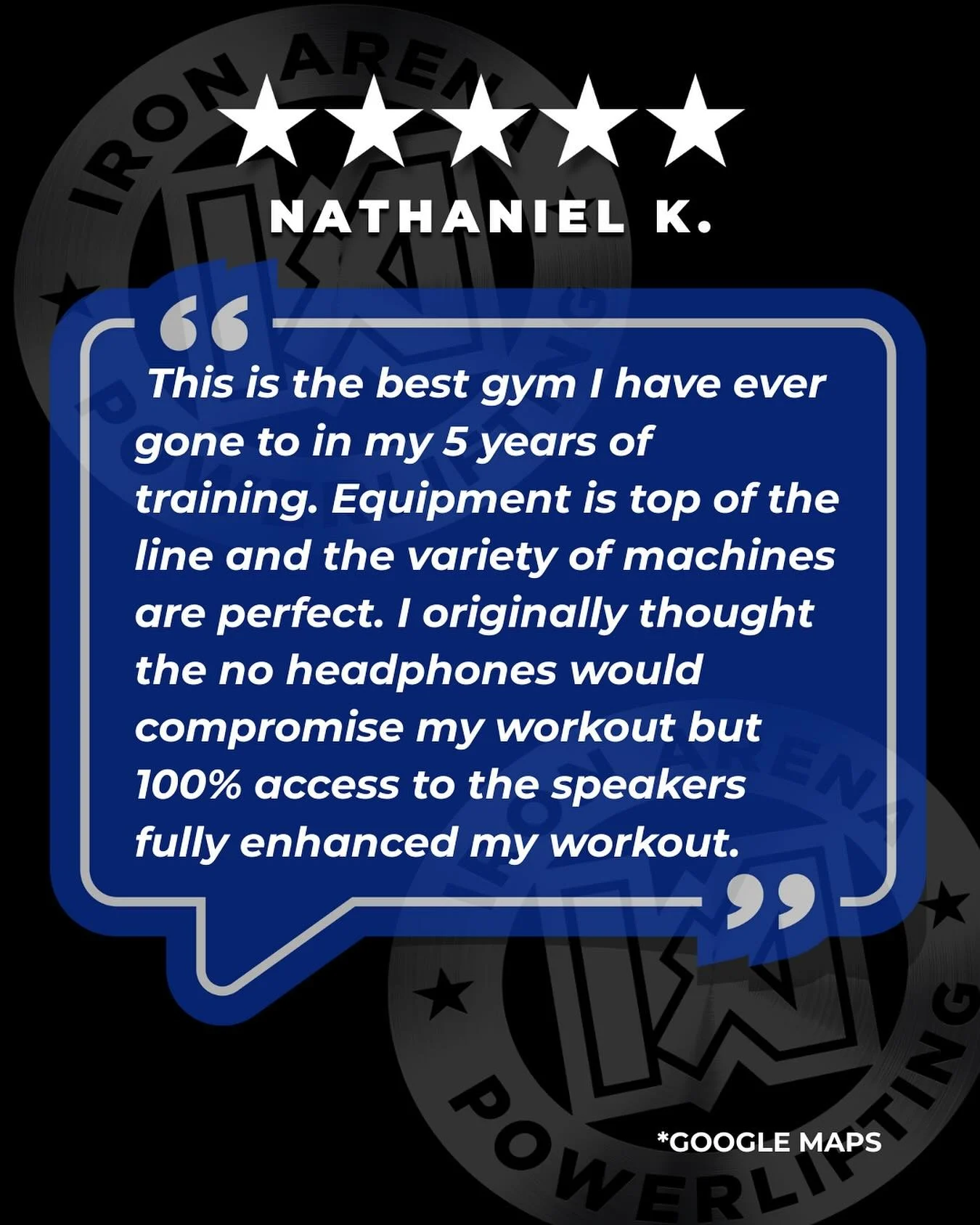 Have you had a great experience at Iron Arena? We&rsquo;d love to hear about it!

If Iron Arena has helped you grow stronger&mdash;inside and outside the gym&mdash;please take a moment to leave us a ⭐️⭐️⭐️⭐️⭐️ review on Google and help others find th