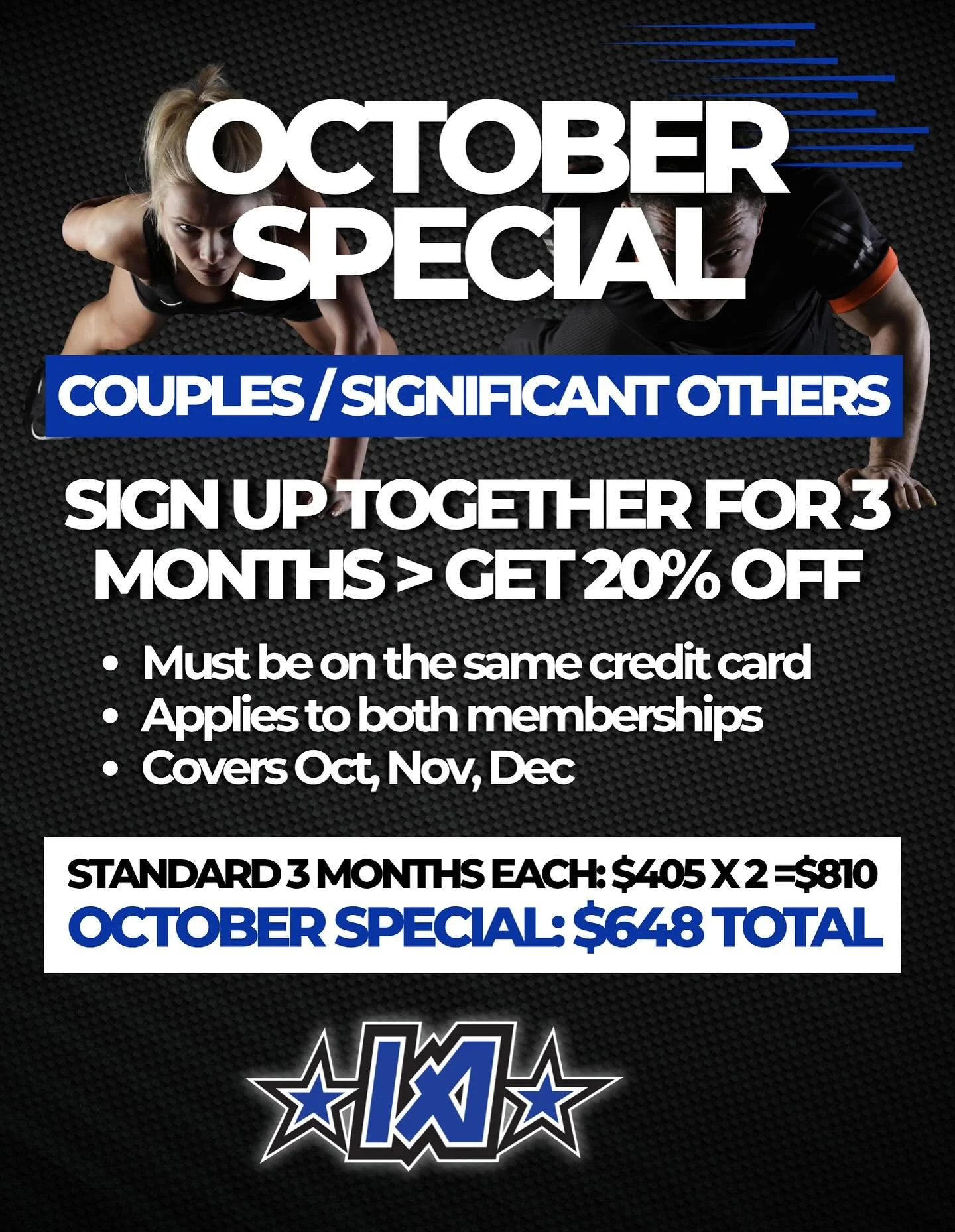 IRON ARENA SEPTEMBER SPECIAL
Train together. Save together.

For the month of October only, couples/significant others can lock in:

👉 20% OFF when you both sign up for 3 months (on the same credit card).

That covers October, November, and December