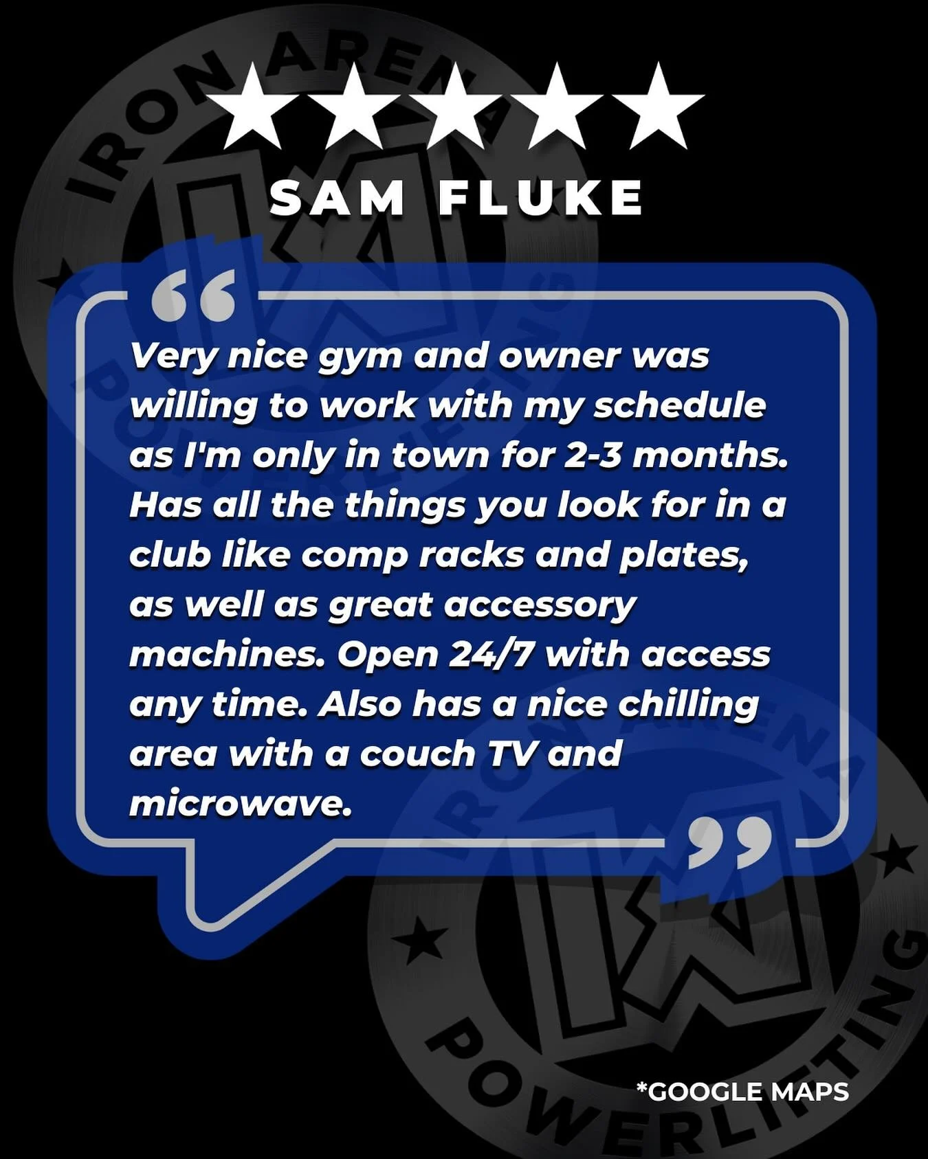 Have you had a great experience at Iron Arena? We&rsquo;d love to hear about it!

If Iron Arena has helped you grow stronger&mdash;inside and outside the gym&mdash;please take a moment to leave us a ⭐️⭐️⭐️⭐️⭐️ review on Google and help others find th