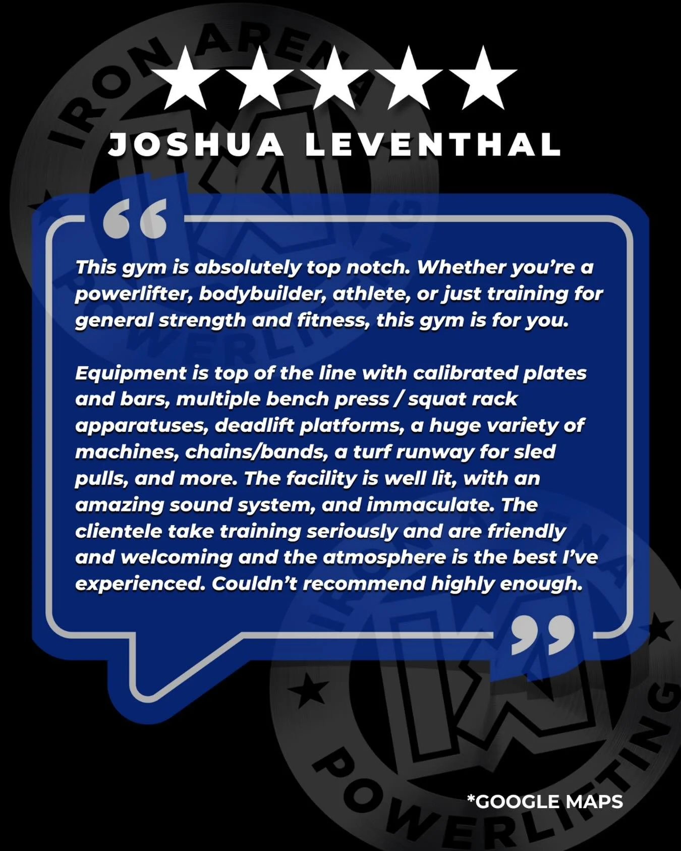 Have you had a great experience at Iron Arena? We&rsquo;d love to hear about it!

If Iron Arena has helped you grow stronger&mdash;inside and outside the gym&mdash;please take a moment to leave us a ⭐️⭐️⭐️⭐️⭐️ review on Google and help others find th