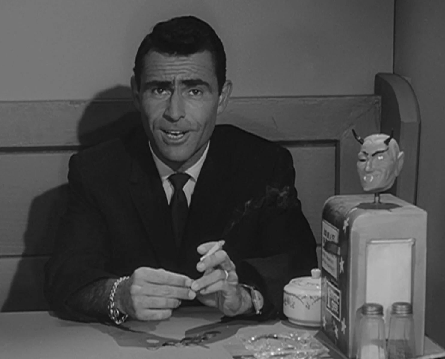Rod Serling introducing 'The Twilight Zone' episode "The Nick of Time," starring William Shatner and Patricia Bresling.