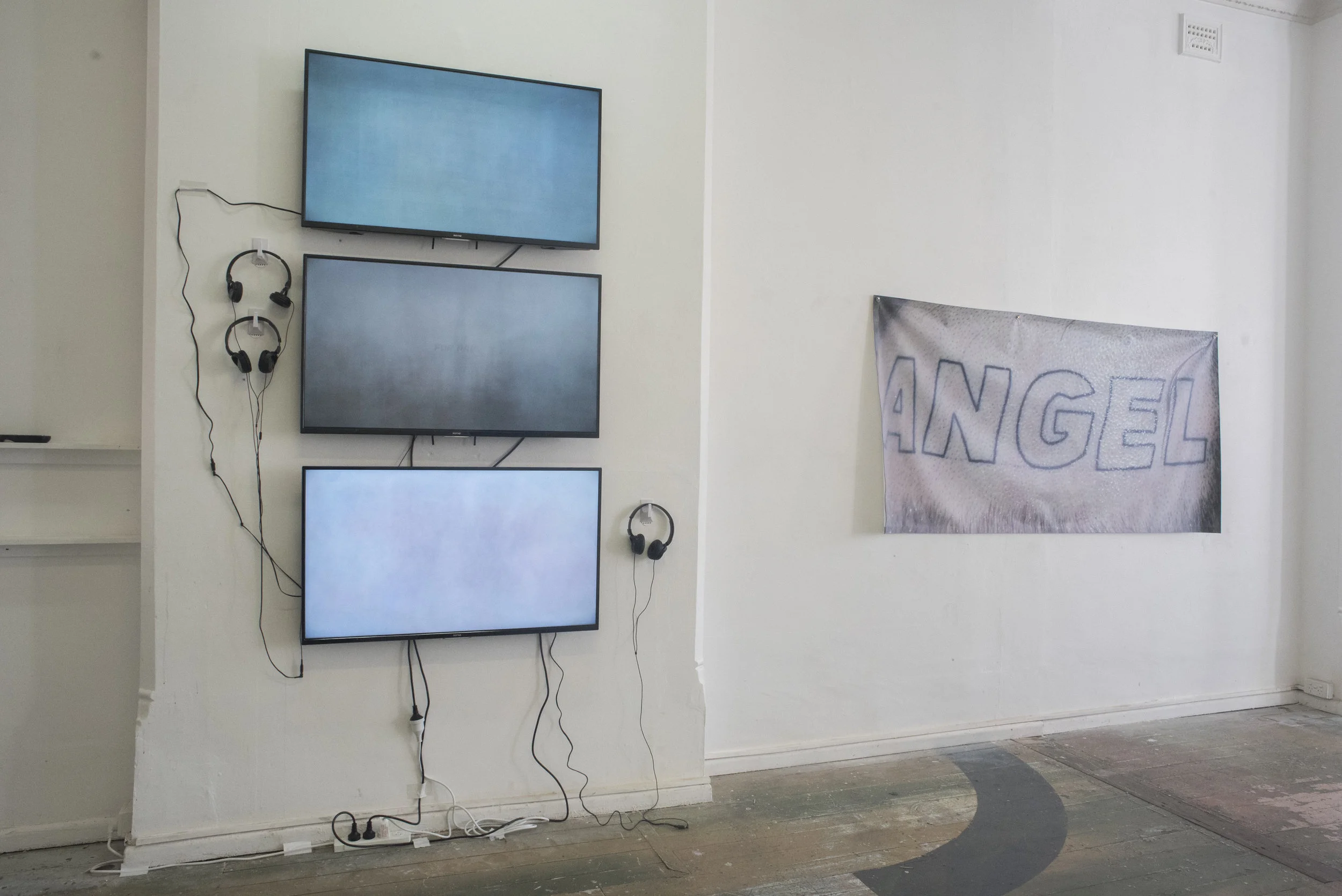 (left) Most Popular Youtube Videos Jasper Powrie 2017 Video (right) Angel Athena Thebus 2015 Vinyl banner, metal eyelets 200 x 100 cm