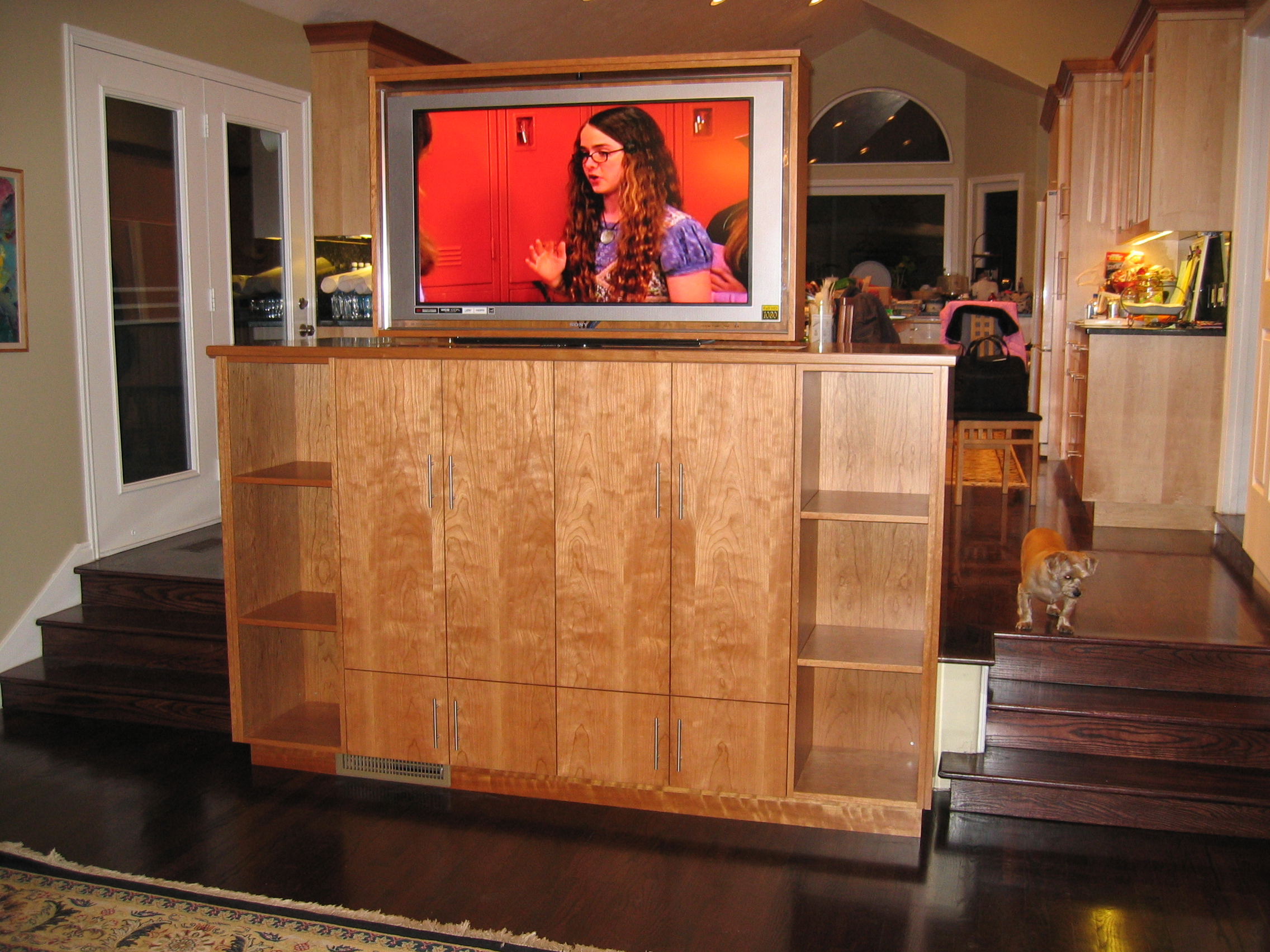 Cherry-maple pop-up, pivot TV cabinet