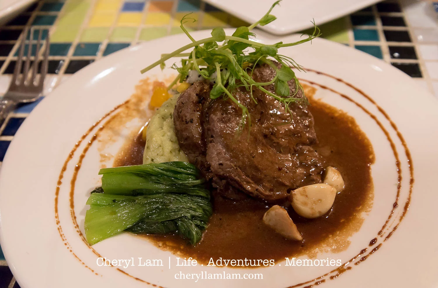 Meat of the Day - Grilled Australian Beef Fillet with Mash Potato Pesto, Bok Choy, Mango Dragonfruit compote and garlic sauce