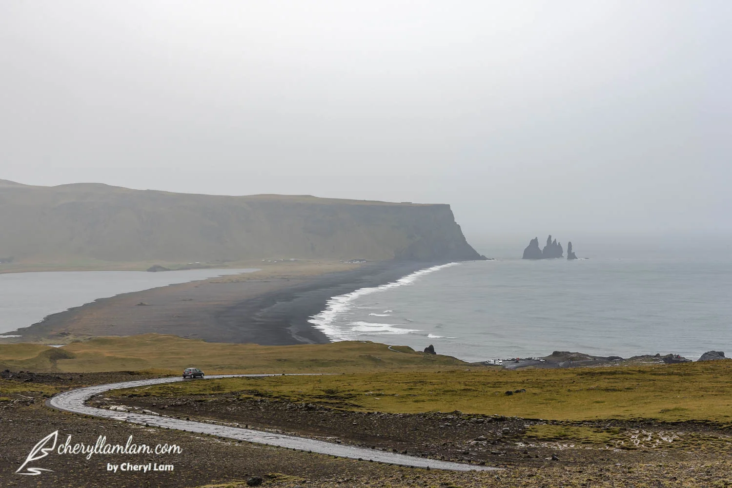 View of Reynisdrangar seen from the top of Dyrholaey