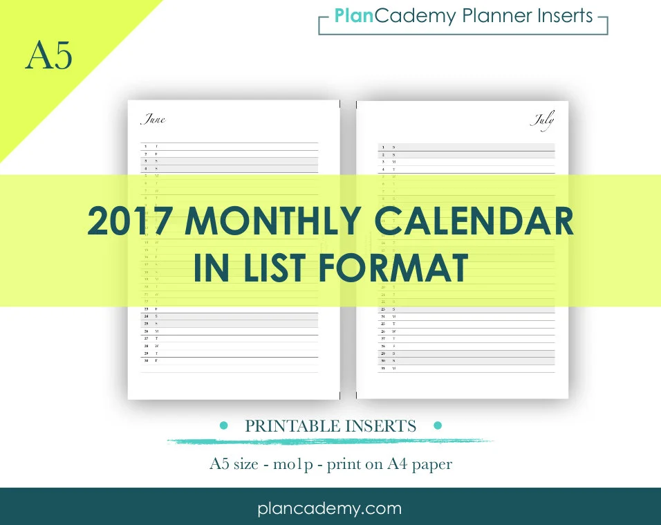 17 Monthly Calendar Mo1p List Format Printable Filofax Insert Discbound A5 Size Business Planner Plancademy