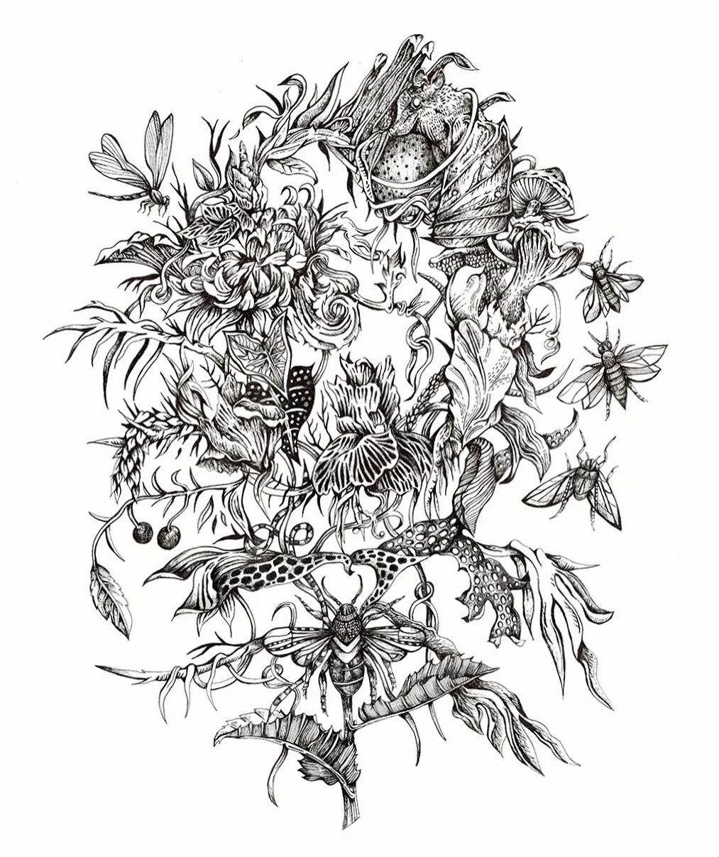 This recent illustration is called "The Pollinators" and it represents one of the most critical influences on the environment- pollination. Bats and bees, as well as many other pollinators are vital to our food supply and are under threat which is a gigantic problem for healthy food sources that affect animals, insects, plants, humans... planet earth. Climate change, pesticide use, changes in land use are all are mainly to blame for this growing concern. Bats pollinate over 500 species of plants worldwide including many tropical fruits. Bees are nature's most efficient pollinating workhorses. A link to more information on this subject and individual steps you can take to help this important cause: ⇟ https://www.fws.gov/pollinators/pollinatorpages/yourhelp.html