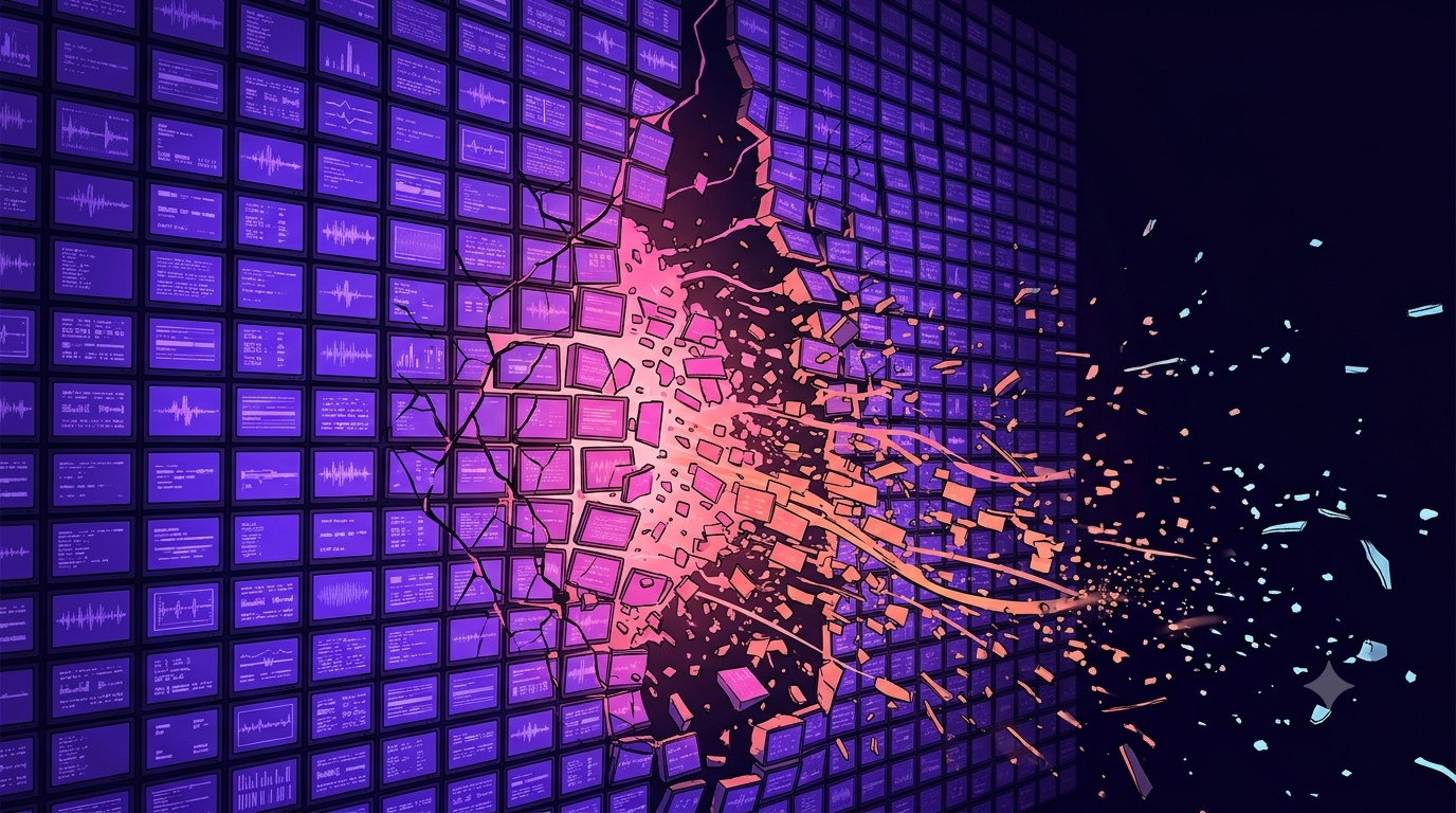 A vault-like structure built from a wall of small glowing surveillance screens has cracked open against a dark purple background, with captured data and fragments of light pouring out uncontained into the dark.