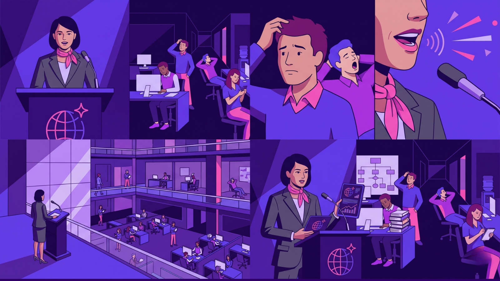 Illustrated collage showing a female executive speaking at a podium with a globe icon, contrasted with scenes of confused and frustrated employees in an office setting, rendered in ICology brand colors of deep purple, bright purple, and pink.