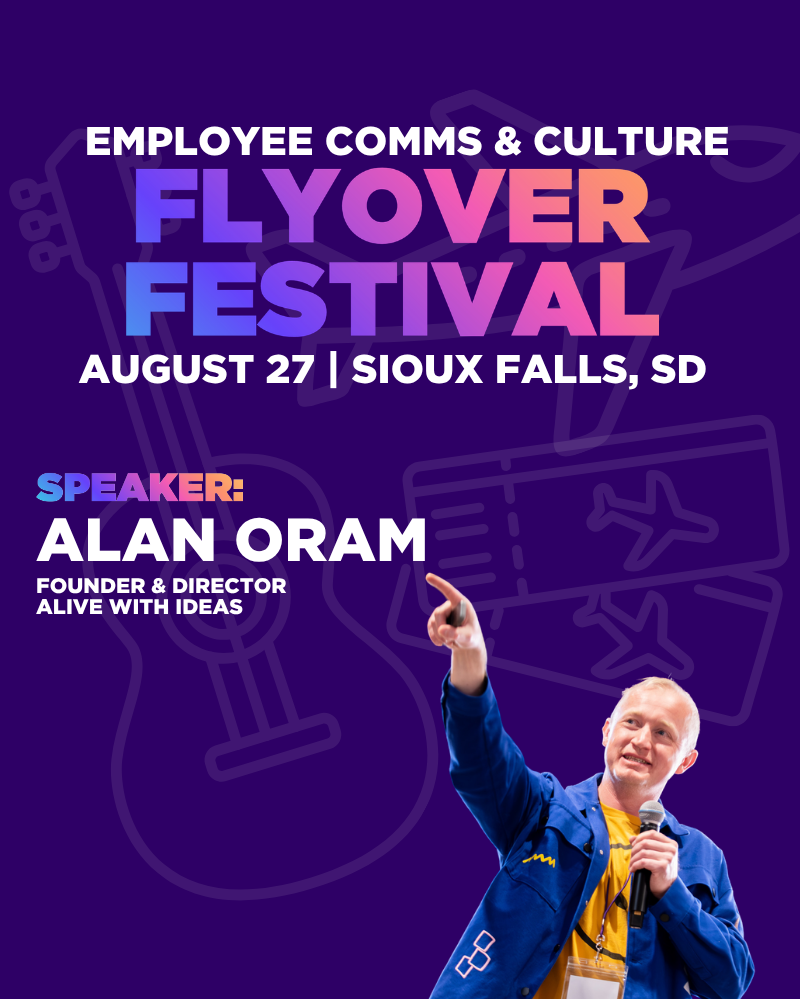 Speaker announcement graphic for Flyover Festival 2026. Purple background with festival branding. Headshot of Alan Oram..