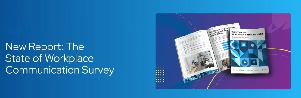 Cover image for the State of Workplace Communication Survey report, presented by Korbyt, Reworked, and ICology, shown as an open book with interior pages visible alongside the report cover.