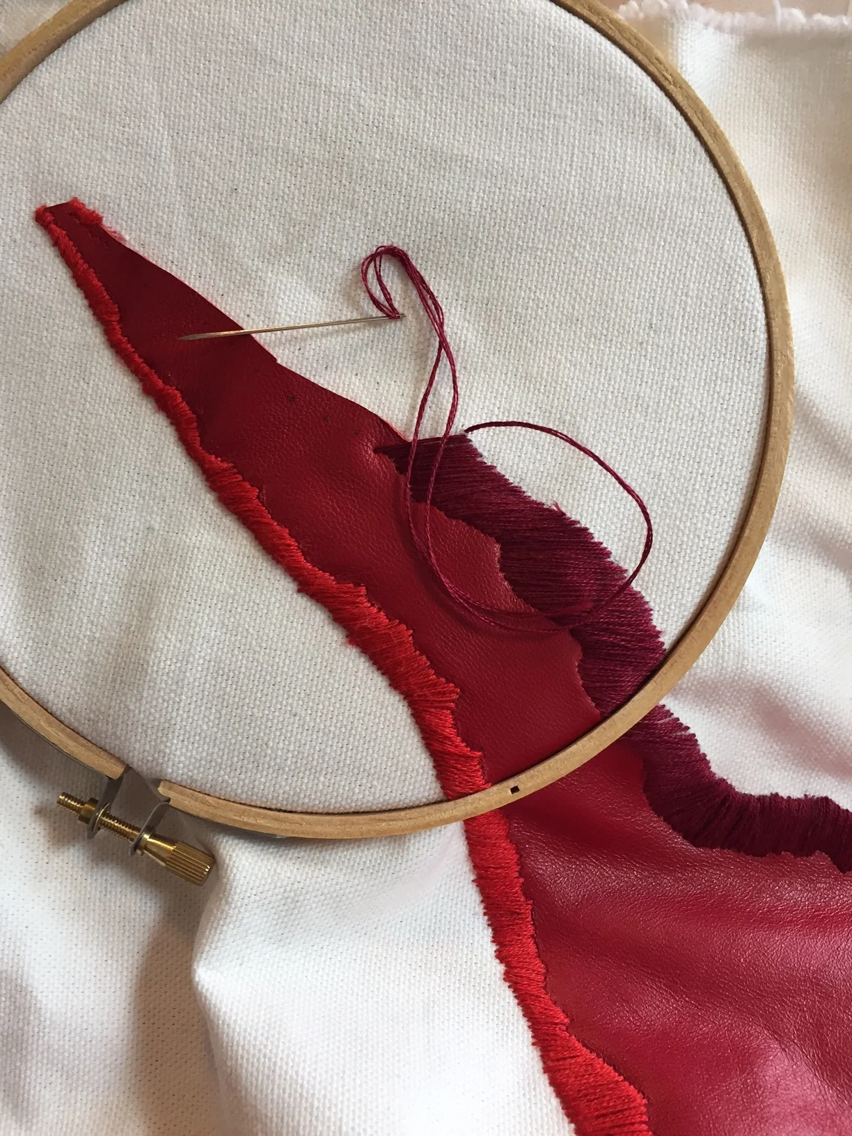 LEATHER + SATIN STITCH ON CANVAS