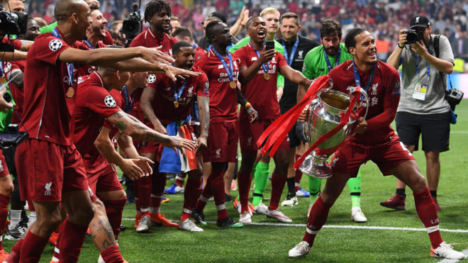 Liverpool celebrating their 2-0 victory over Tottenham earlier this year.