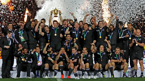 The All Blacks celebrating their 2011 World Cup win.