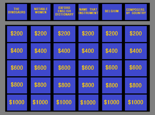 A Jeopardy! board - James would always start at the bottom of the board.