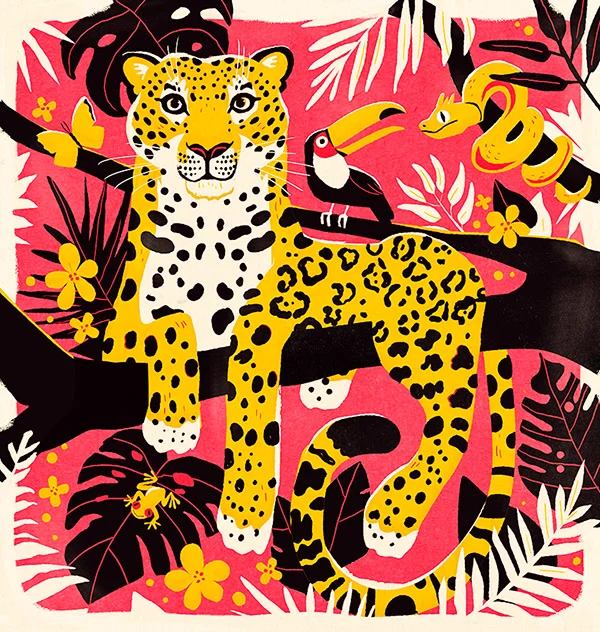 Colourful illustration of a Central American jaguar surrounded by tropical plants, a toucan, snake, frog and butterfly, by Chris Dickason.