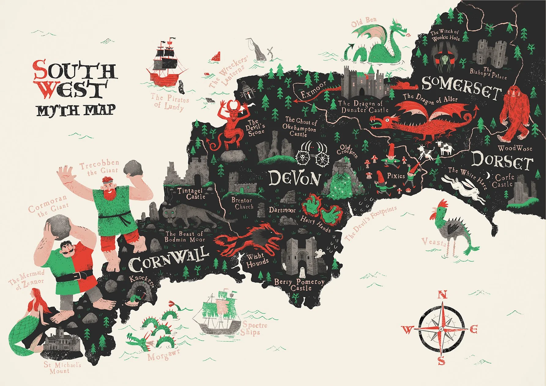 Illustrated South West Myth Map by Chris Dickason, featuring folklore, myths and legends from Cornwall, Devon, Somerset and Dorset, including giants, dragons, mermaids and mythical creatures.