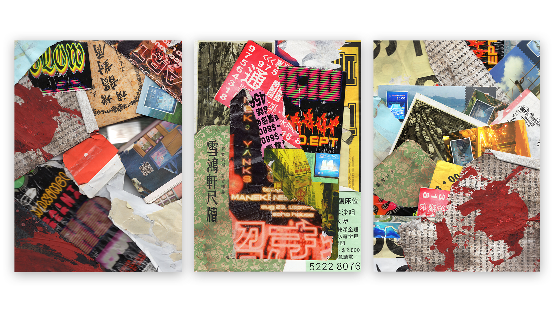  This project is built entirely from material collected in the street. During a previous trip to Hong Kong, I spent time walking the city, gathering collage materials, photographing signage, surfaces, and informal markings, and producing small-scale 