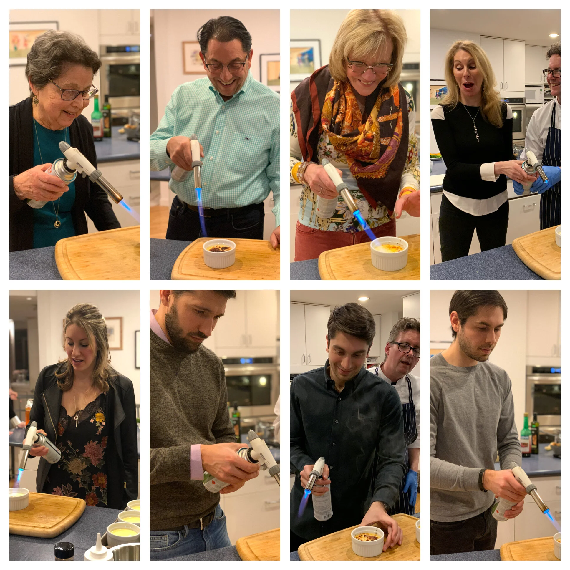 Collage of people using culinary torches on crème brûlée in a kitchen.