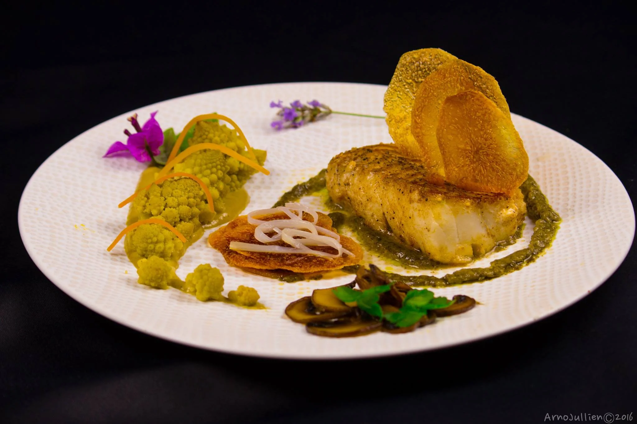 Gourmet plated dish with fish filet, Romanesco broccoli, carrot ribbons, garnished with vegetable chips, noodles, and mushrooms, garnished with edible flowers.