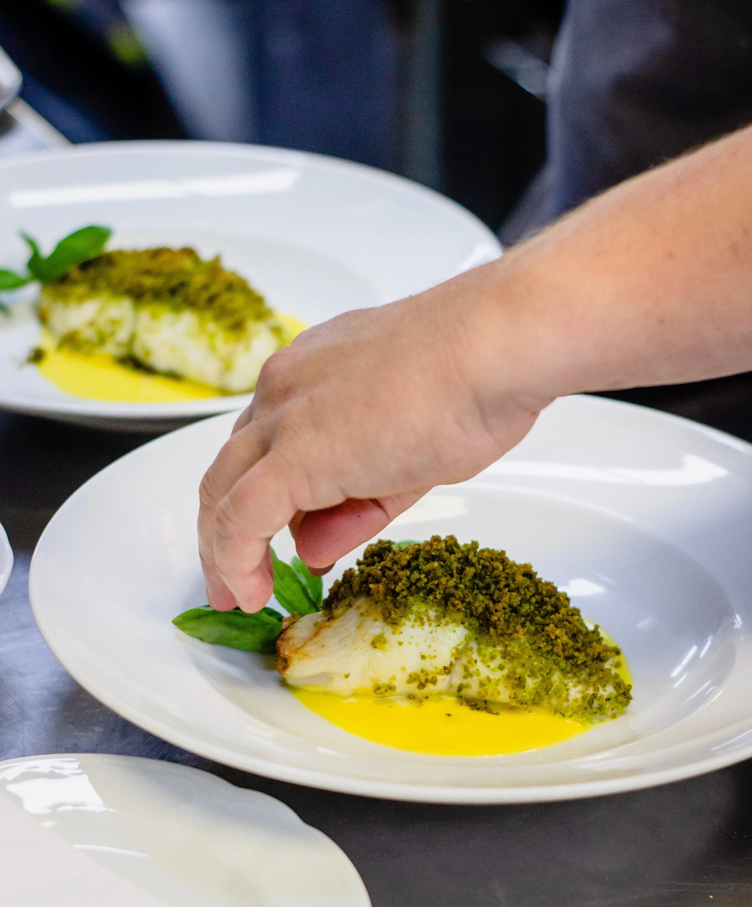 Chef plating a dish with fish topped with green herb crust and yellow sauce on a white plate.