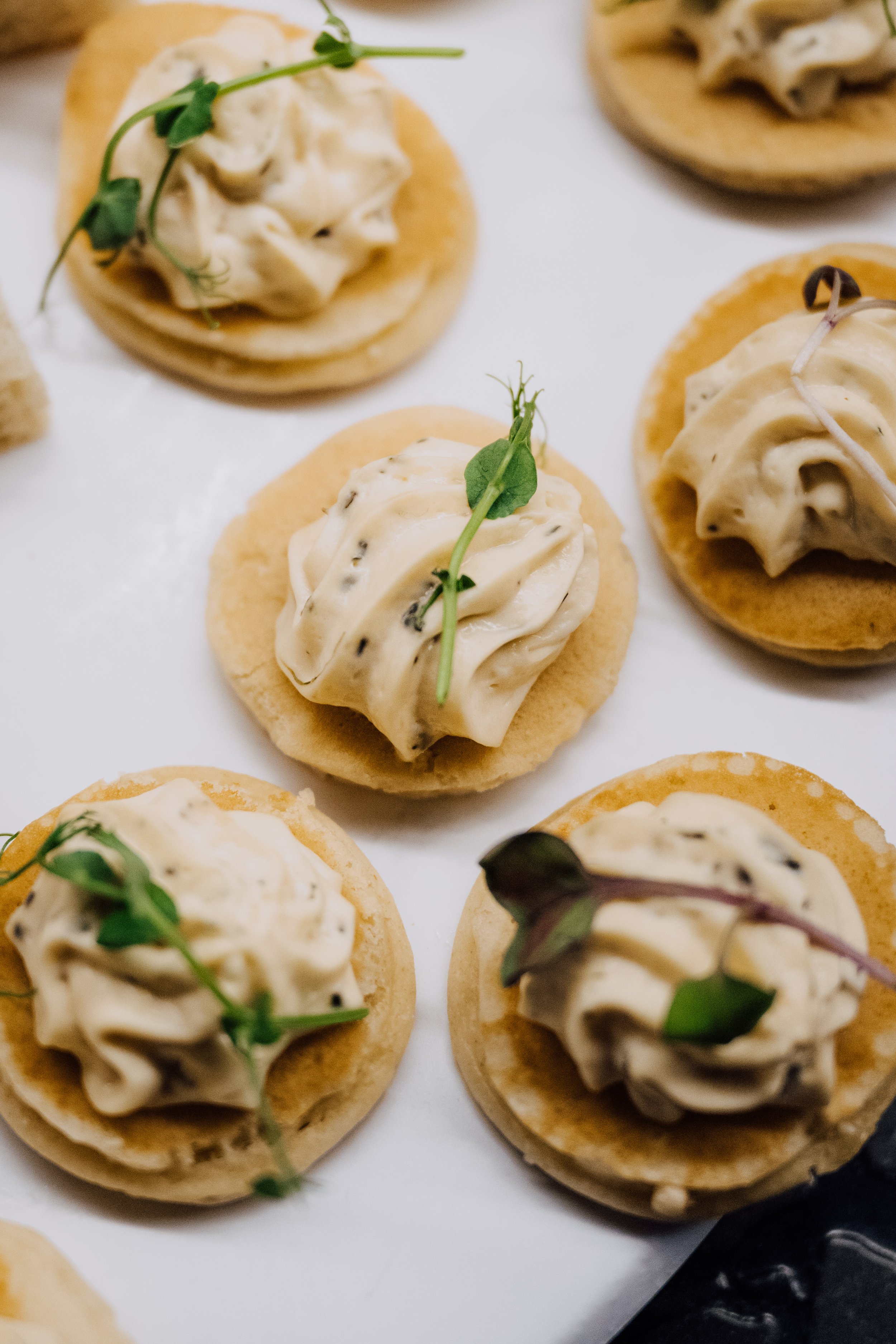 Gourmet appetizers with a creamy dip on small round crackers or bread, garnished with microgreens, on a white plate.