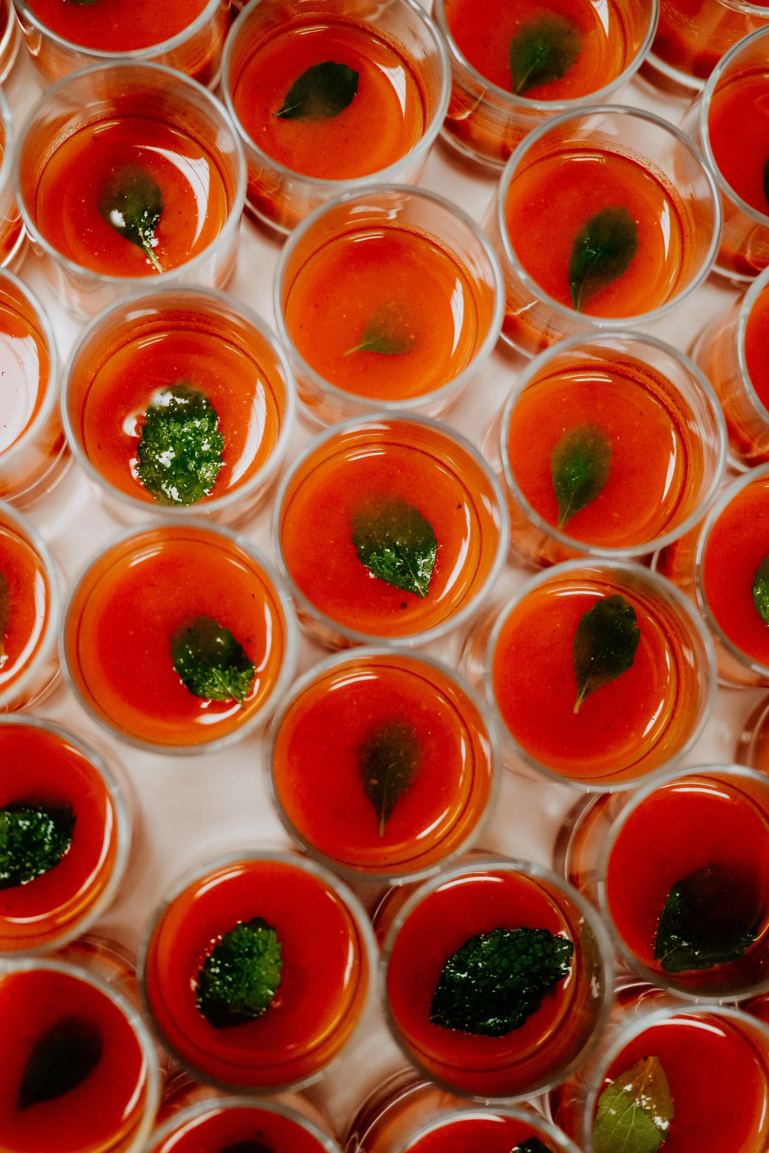Overhead view of multiple small glasses filled with tomato soup, each garnished with a basil leaf.