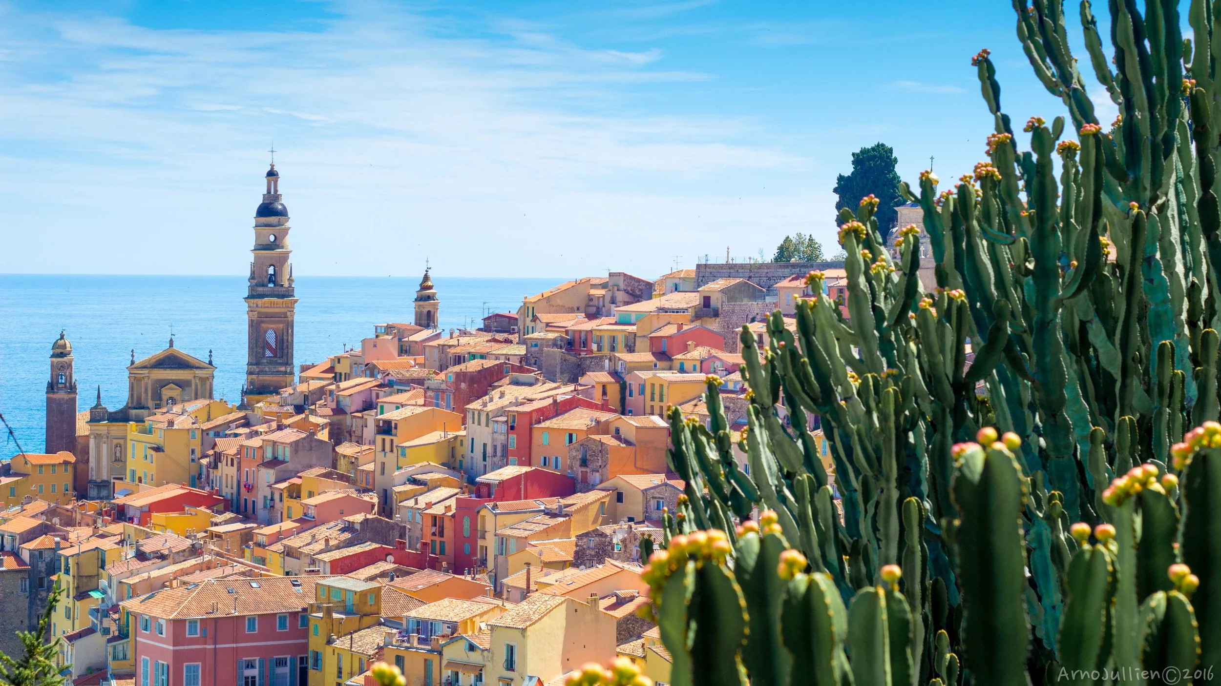 Colorful coastal village with church towers and cacti in the foreground, overlooking the sea.
