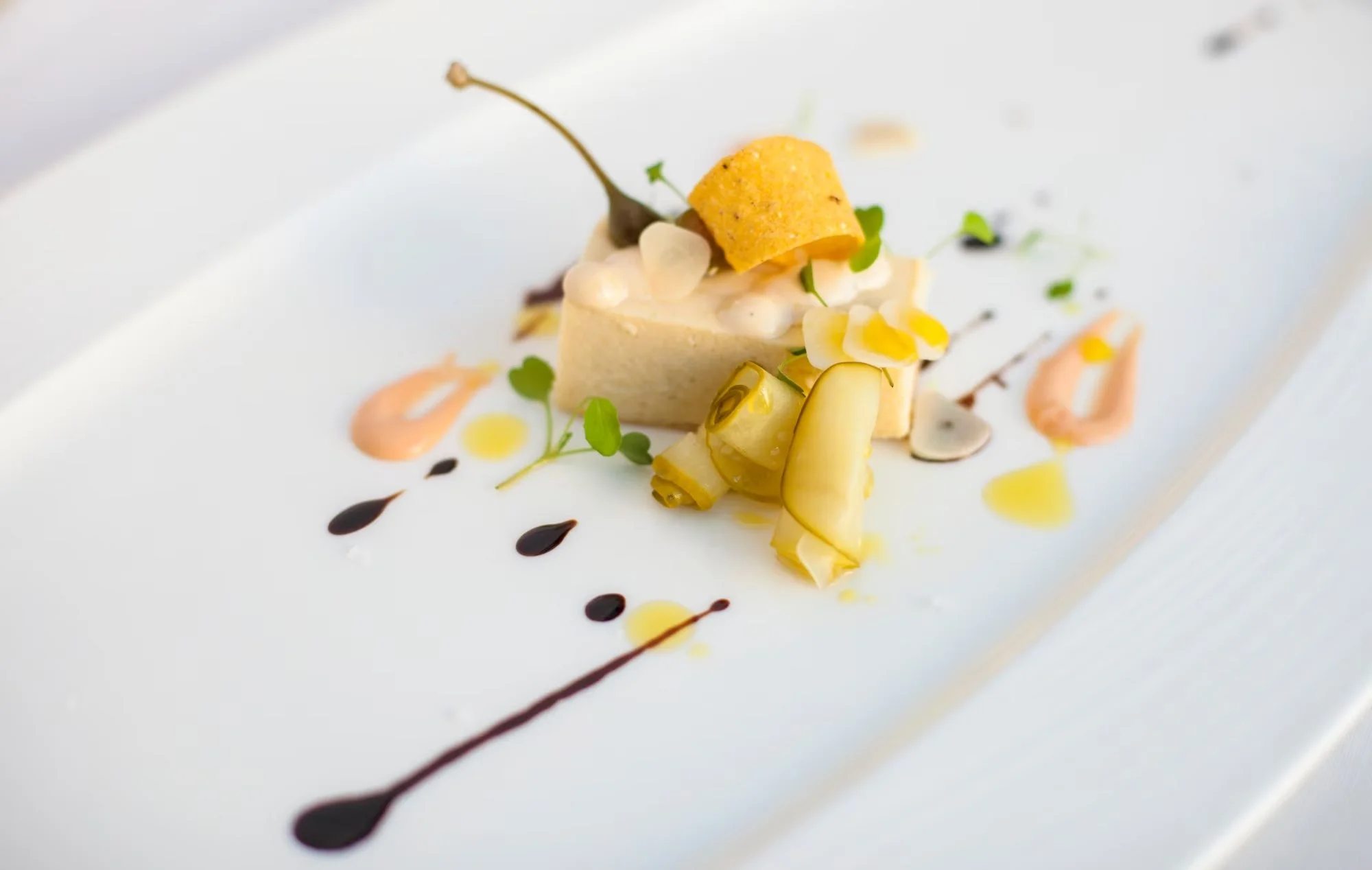 Gourmet dish with mousse, caperberry, pickled vegetables, microgreens, and decorative sauce drizzles on a white plate.