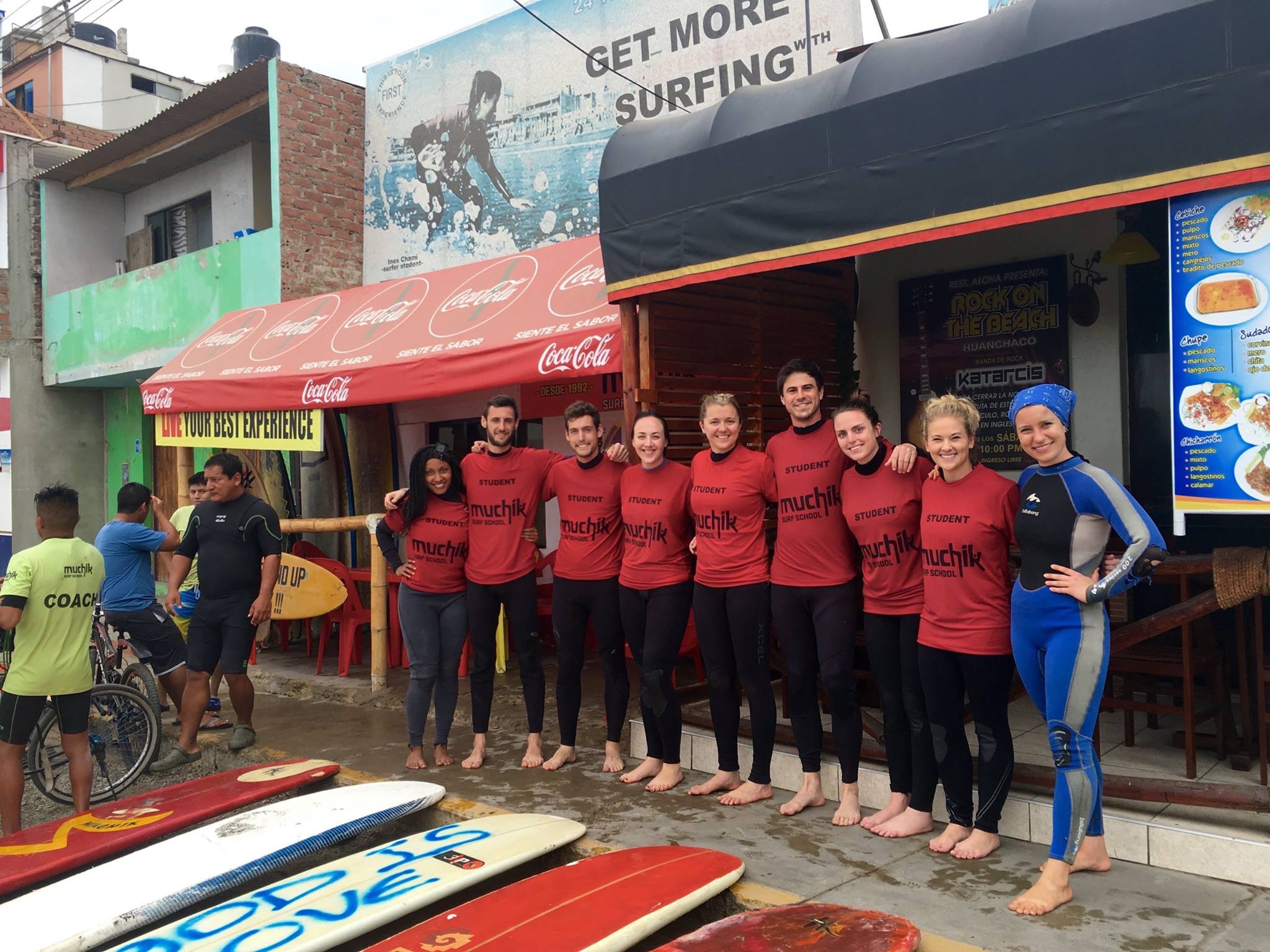 Learning to surf in Huanchaco, Peru