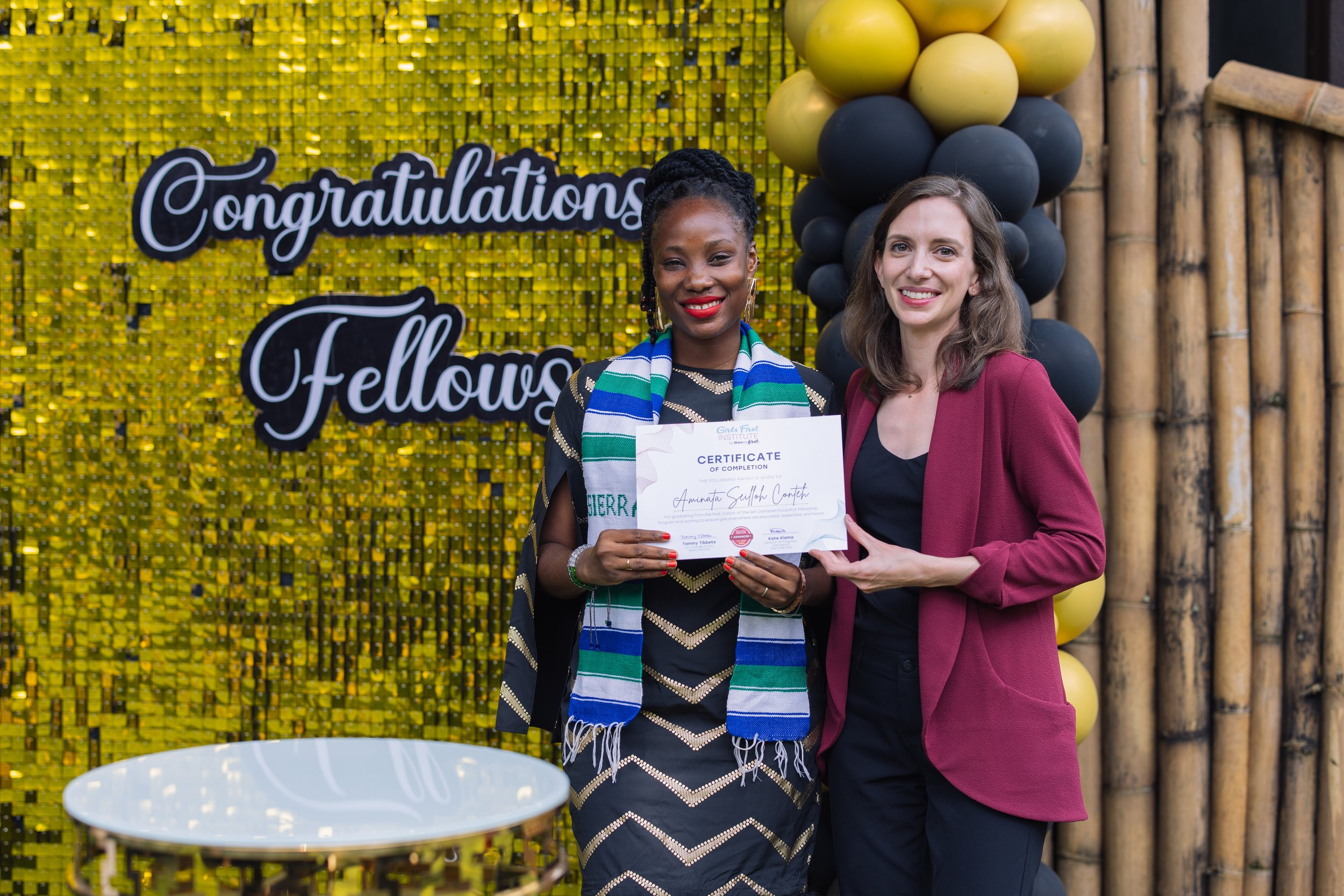  Aminata Seilloh Conteh, Girl-Centered Incubator Fellow (left) and Tammy Tibbetts, Co-Founder &amp; CEO at She’s the First (right) during the Girl-Centered Incubator Graduation in Nairobi, Kenya, on July 5, 2024. (Photo by Sarah Waiswa) 
