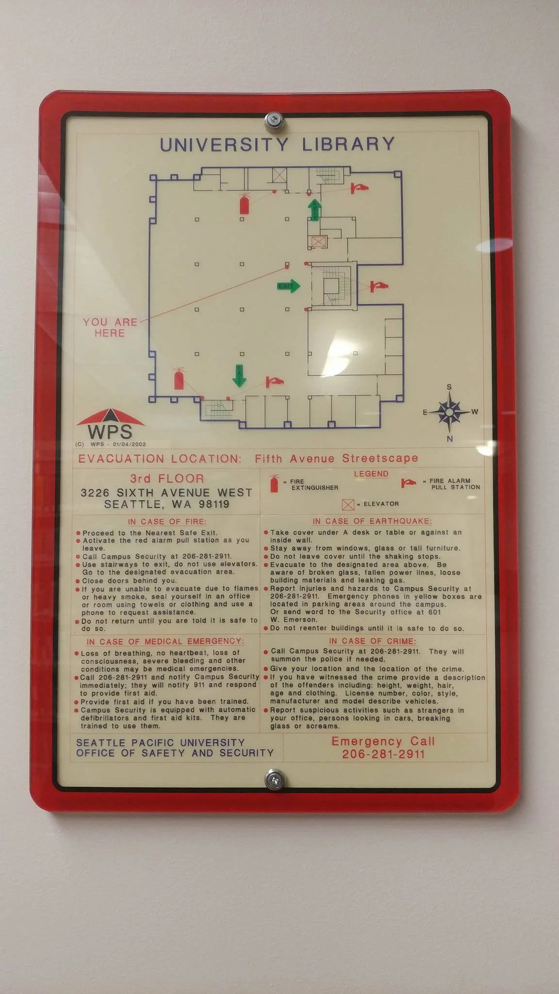Emergency information found in the Seattle Pacific University Library.