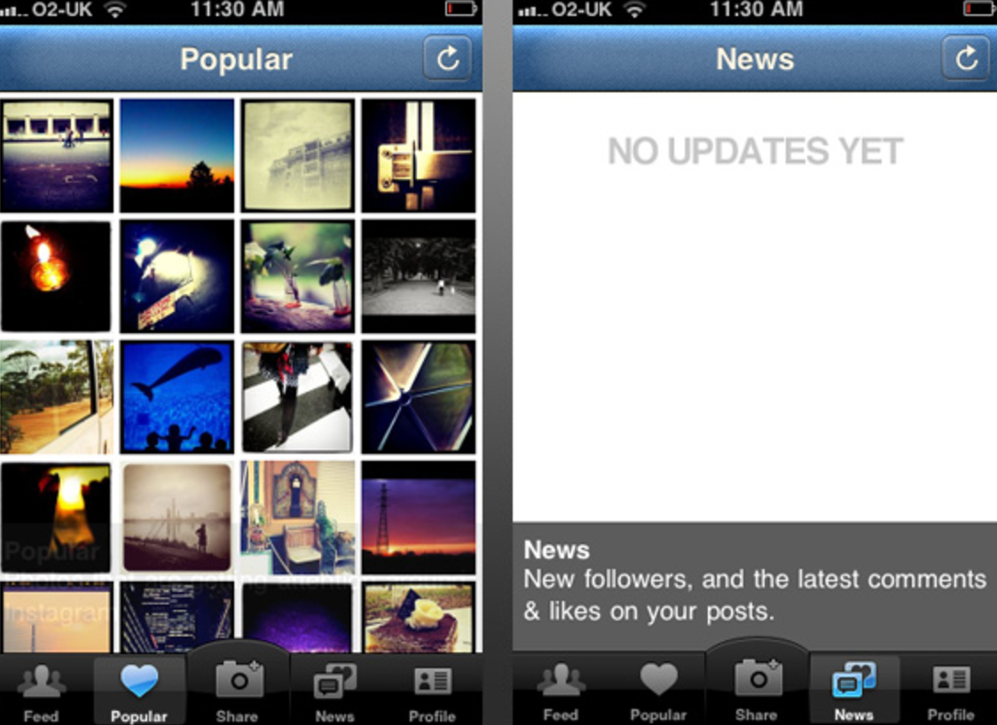 The first version of Instagram, with options like a "News Feed."