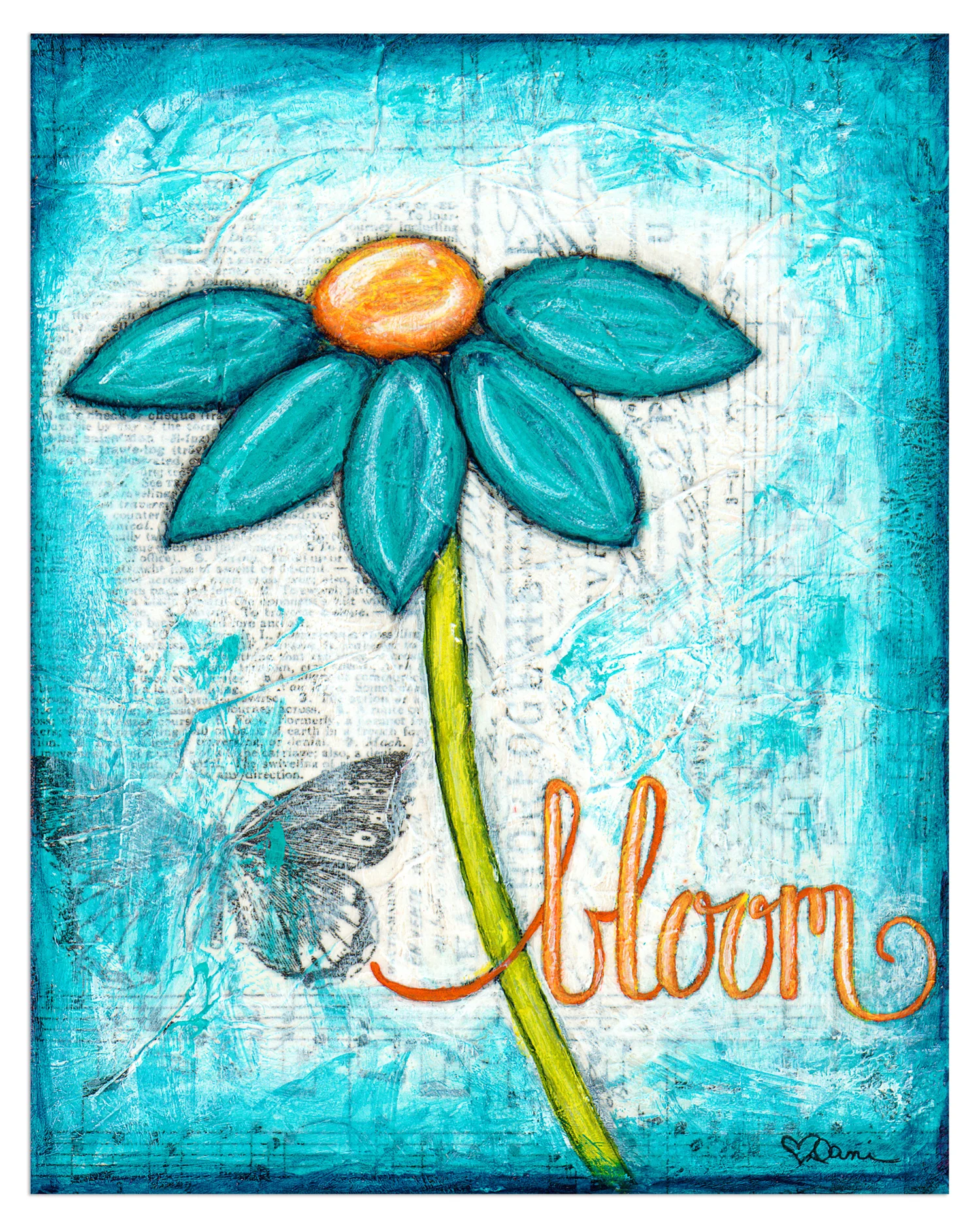 Teal Daisy Bloom Mixed Media Art Print