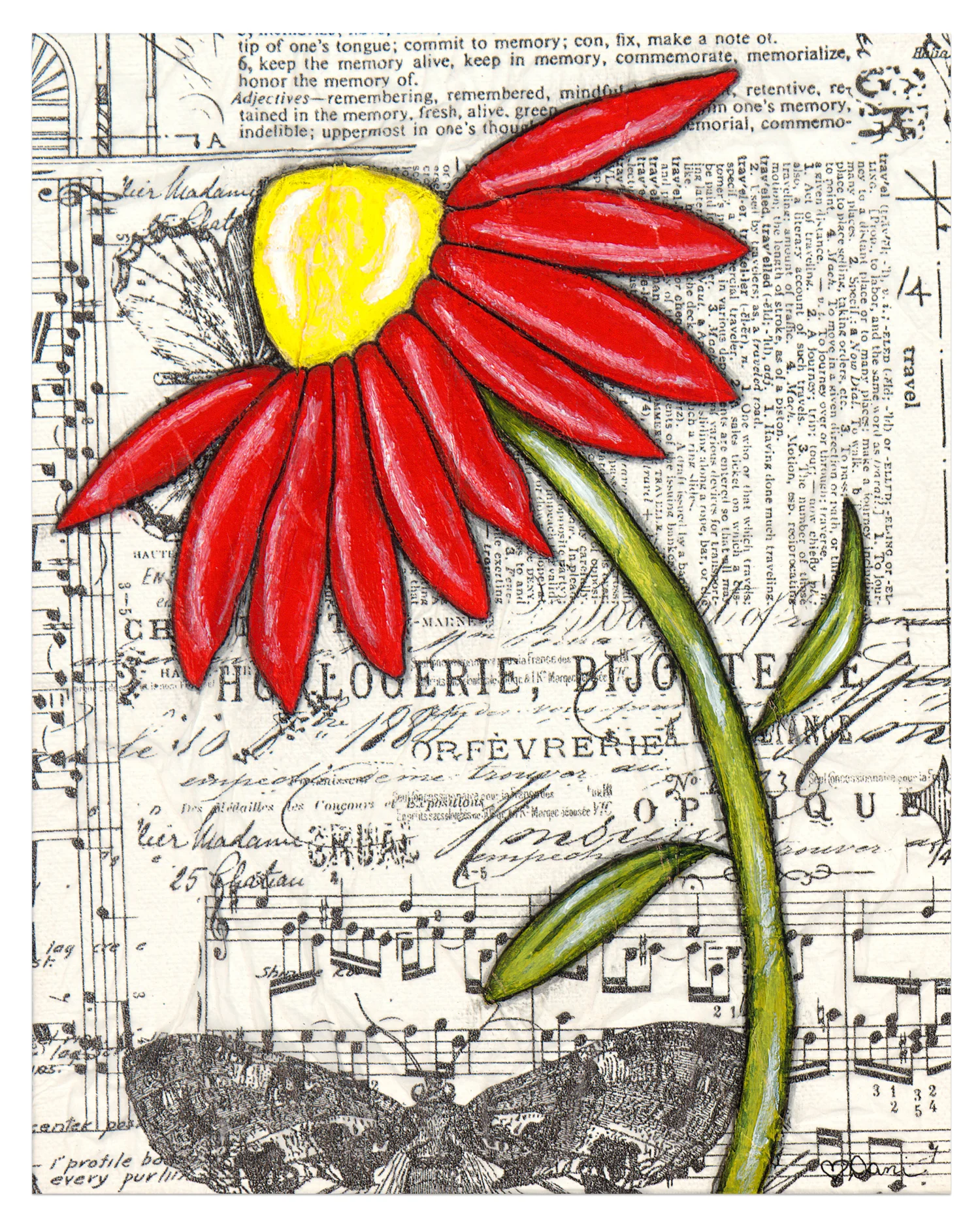 Red Daisy Mixed Media Art