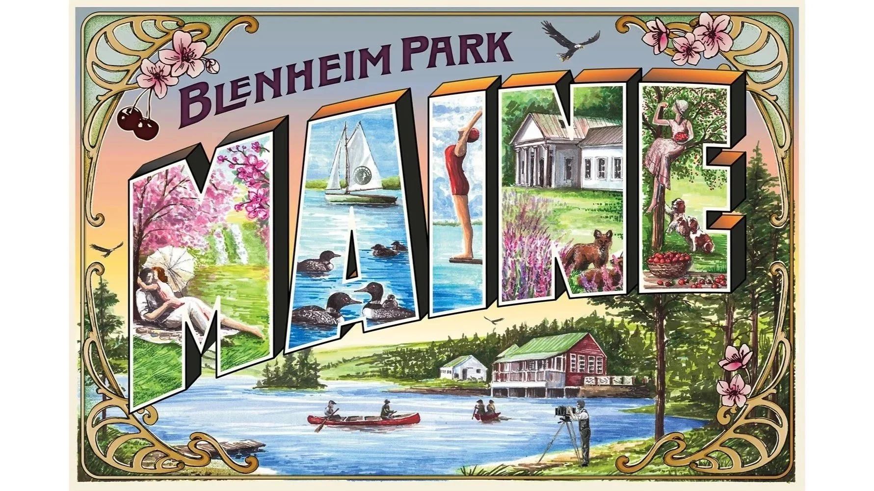Colorful illustrated postcard of Blenheim Park Maine, set in 1924, featuring lakes, boats, a photographer, cherry orchard, cherry blossoms, and a family of foxes frolicking in front of the estate home.