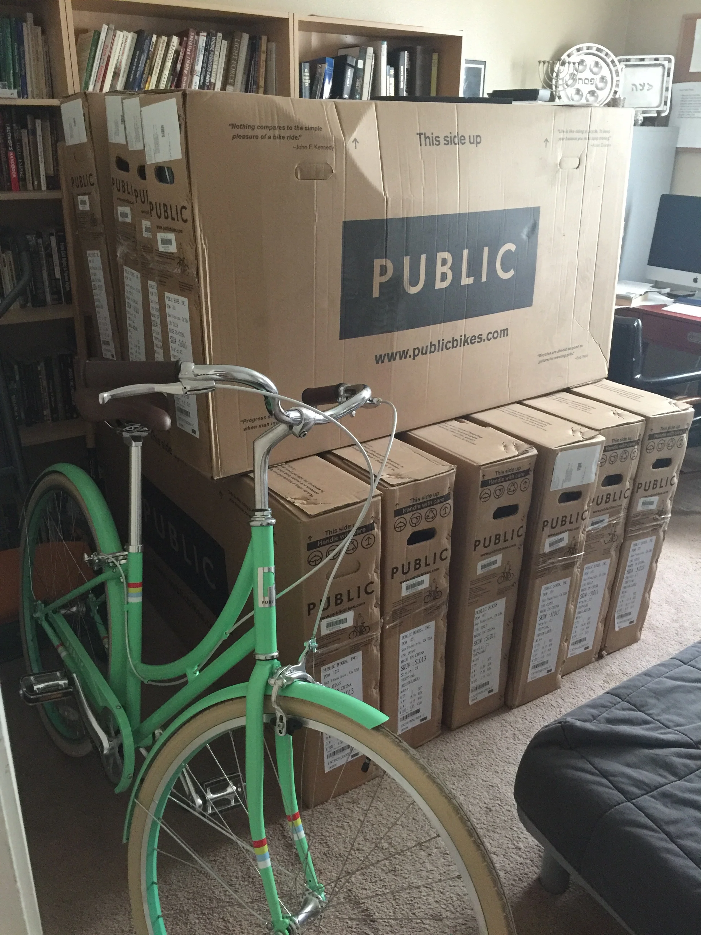 When I conceived of Flambeaux Bicycle Tours I bought a fleet of 11 mint colored PUBLIC Bikes. They're currently sitting in my office. For every $2,000 that we raise, I am going to take a bicycle out of the box and put it together. Be a part of this exciting campaign to get them out of my house and into a storefront!