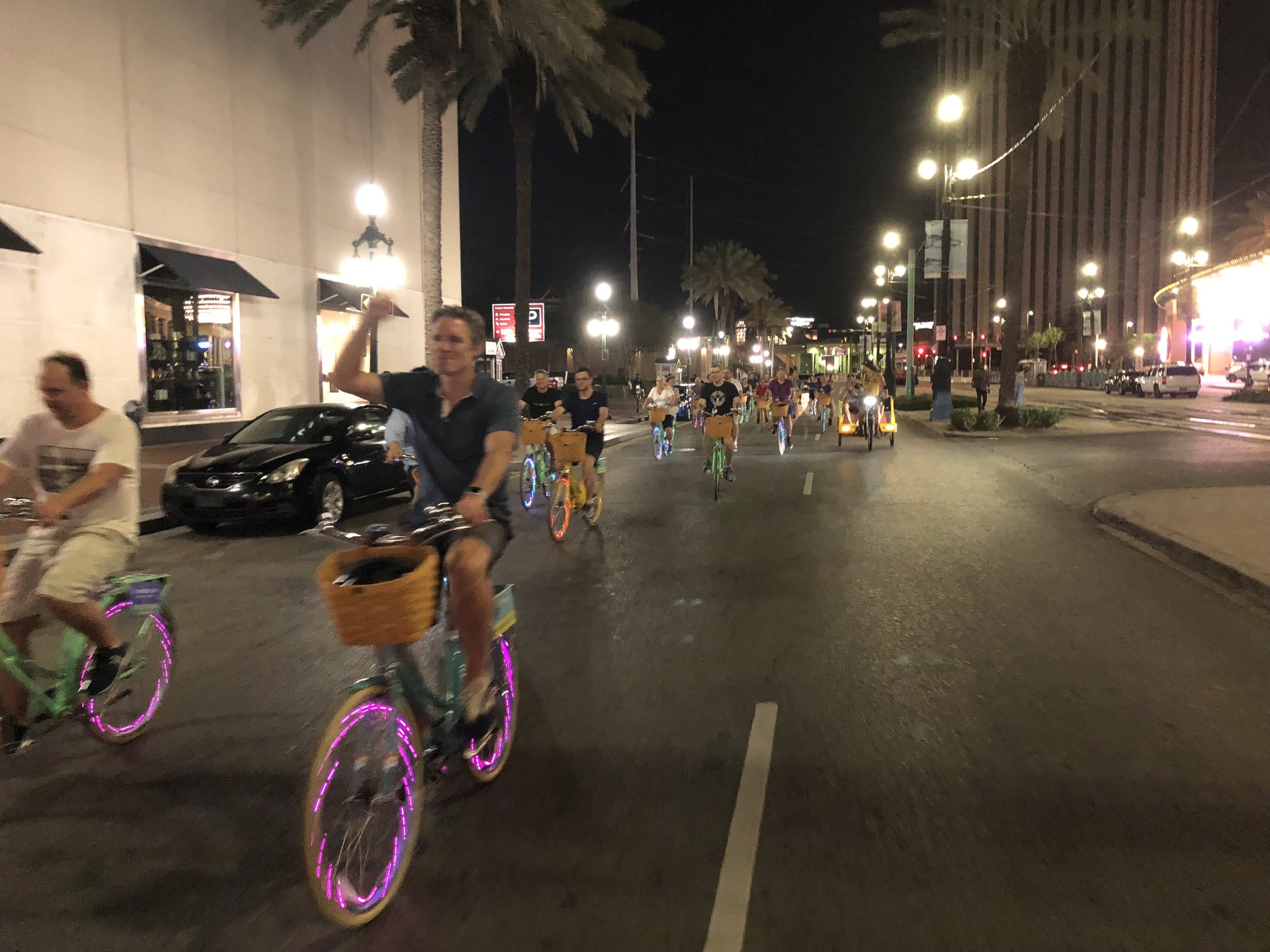  Our social ride is a party on two wheels. We offer the primer night ride of Nola. Be the lights of the city on our professionally maintained bikes. Our wheels are blinged out with lights and we have amplified music to boot. Don’t miss out on this am